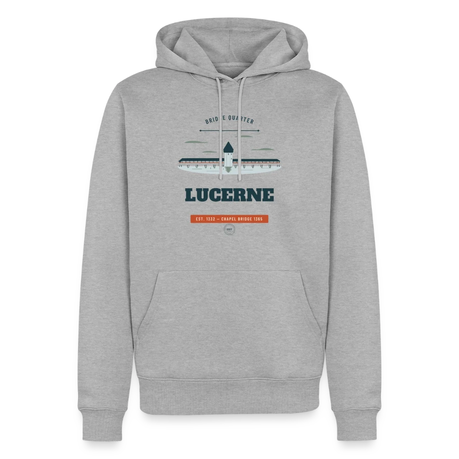 Lucerne badge on a men’s premium organic hoodie, heather grey