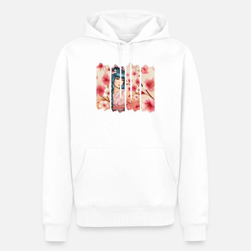 Kirschblüten Kimono Panel Portrait - Männer Premium Bio Hoodie - Weiß