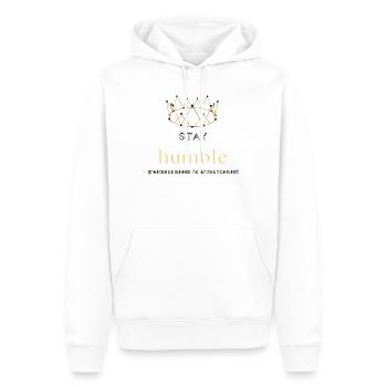 Bleib bescheiden, inspirierende Krone, Zitat: - Männer Premium Bio Hoodie - Weiß - Vorne - Nico (187cm)