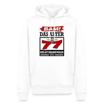 Geburtstag 77 Bam Boom Bombe Das Alter schlägt zu - Männer Premium Bio Hoodie - Weiß - Vorne - Nico (187cm)