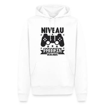 Niveau Parrain Débloqué Annonce Grossesse Cadeau - Sweat à capuche Premium bio Homme - blanc - Devant - Nico (187cm)
