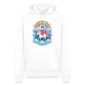 Girl on unicorn with clouds and rainbow - Men’s Premium Organic Hoodie - white - Front - Nico (187cm)