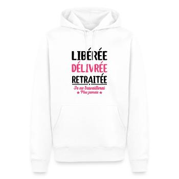 Libérée Délivrée Retraitée Retraite Cadeau Fun - Sweat à capuche Premium bio Homme - blanc - Devant - Nico (187cm)
