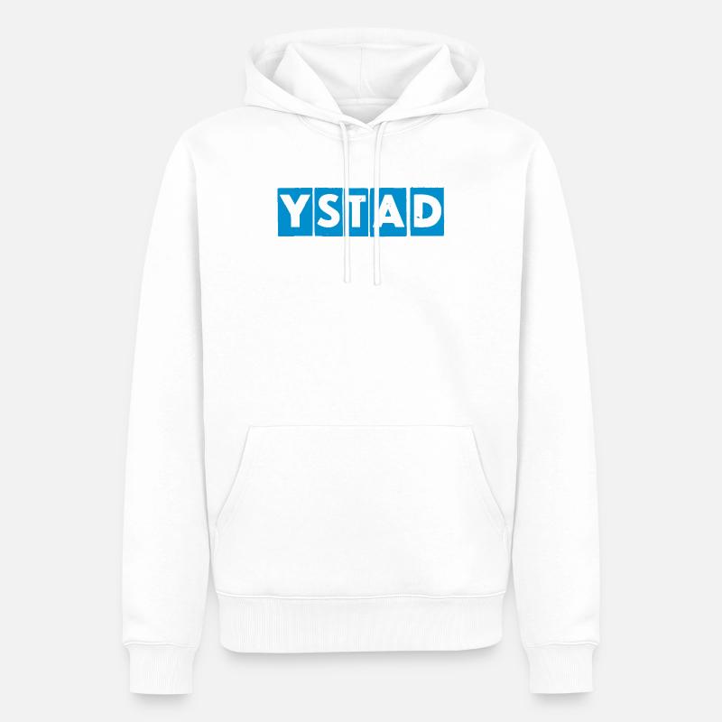 Ystad – Conception de texte bleu - Sweat à capuche Premium bio Homme - blanc