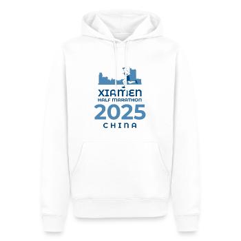 Semi-marathon de Xiamen - 2025 - Chine - Sweat à capuche Premium bio Homme - blanc - Devant - Nico (187cm)
