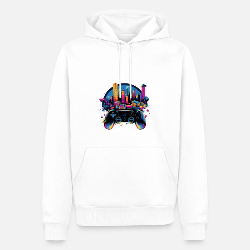 Gaming Universe: Controller & Cityscape Art - Männer Premium Bio Hoodie - Weiß
