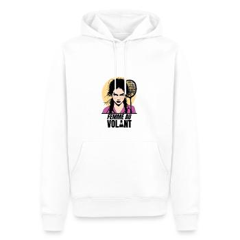 ATTENTION, FEMME AU VOLANT ! (badminton) - Sweat à capuche Premium bio Homme - blanc - Devant - Nico (187cm)