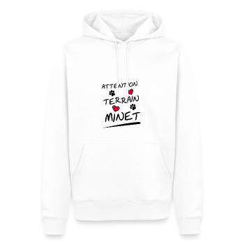 ATTENTION, TERRAIN MINET ! (chat) - Sweat à capuche Premium bio Homme - blanc - Devant - Nico (187cm)