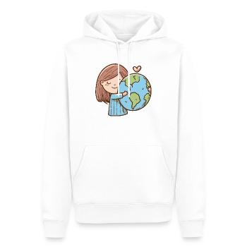 Mädchen umarmt eine Weltkugel, Klimaschutz - Männer Premium Bio Hoodie - Weiß - Vorne - Nico (187cm)