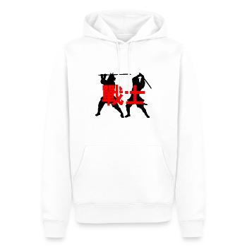KAMPF ZWISCHEN ZWEI SAMURAI MIT DER INSCHRIFT - Männer Premium Bio Hoodie - Weiß - Vorne - Nico (187cm)