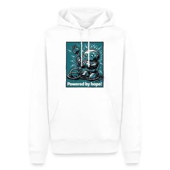 Cute Robot Clutching Extension Cord Against Teal - Men’s Premium Organic Hoodie - white - Front - Nico (187cm)