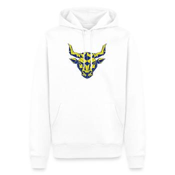 Geometrischer Stierkopf Gelb-Navy  - Männer Premium Bio Hoodie - Weiß - Vorne - Nico (187cm)