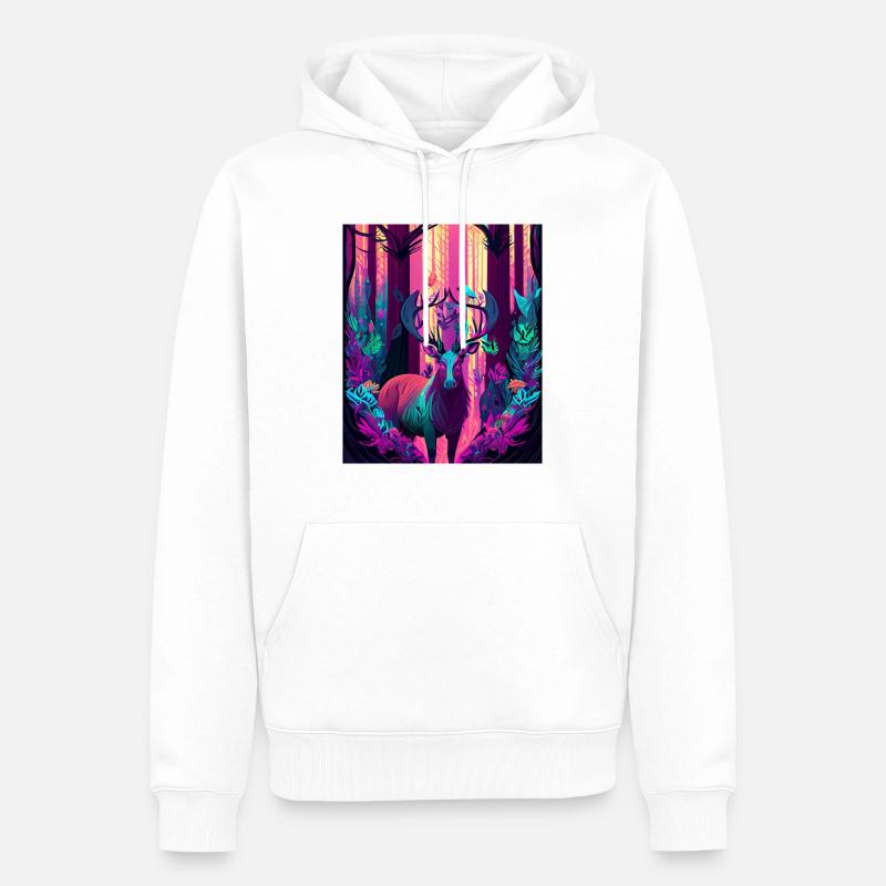 Leuchtender Waldhirsch mit Neonvogel - Männer Premium Bio Hoodie - Weiß