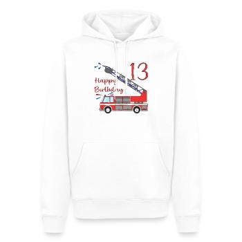 Brandweerwagen Happy Birthday 13 - Mannen Premium Bio hoodie - wit - Voor - Nico (187cm)