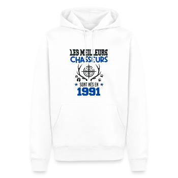 Anniversaire chasseur Née en 1991 - Sweat à capuche Premium bio Homme - blanc - Devant - Nico (187cm)