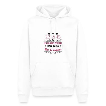 humour anniversaire 23 ans - Sweat à capuche Premium bio Homme - blanc - Devant - Nico (187cm)