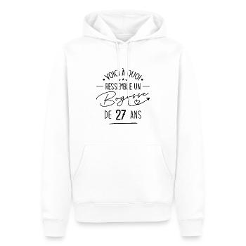 Bogosse 27 ans Cadeau Humour Anniversaire 27 ans - Sweat à capuche Premium bio Homme - blanc - Devant - Nico (187cm)