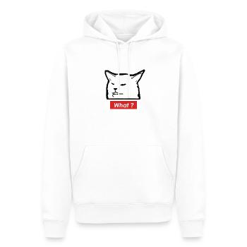 Meme-Katze „What“ – Schwarzweiß Design - Männer Premium Bio Hoodie - Weiß - Vorne - Nico (187cm)