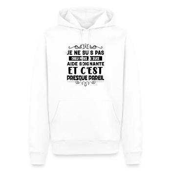 Tshirt femme Je suis pas dieu mais Aide soignante - Sweat à capuche Premium bio Homme - blanc - Devant - Nico (187cm)