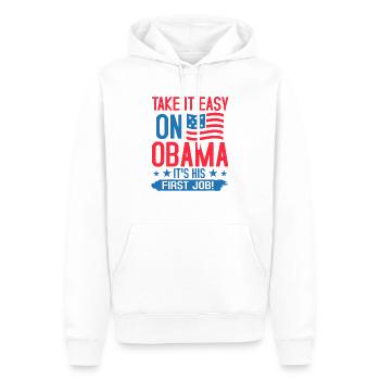 ALLEZ-Y DOUCEMENT SUR OBAMA C’EST SON PREMIER EMPLOI - Sweat à capuche Premium bio Homme - blanc - Devant - Nico (187cm)