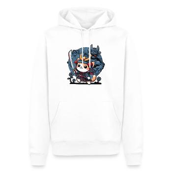 Samurai-Ninja-Katze und Monster dahinter - Männer Premium Bio Hoodie - Weiß - Vorne - Nico (187cm)