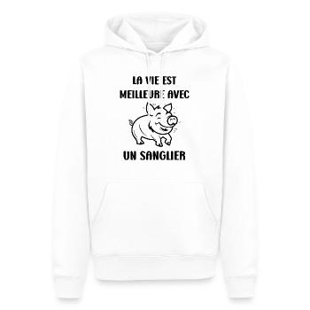Humour sangliers La vie est meilleure - Sweat à capuche Premium bio Homme - blanc - Devant - Nico (187cm)