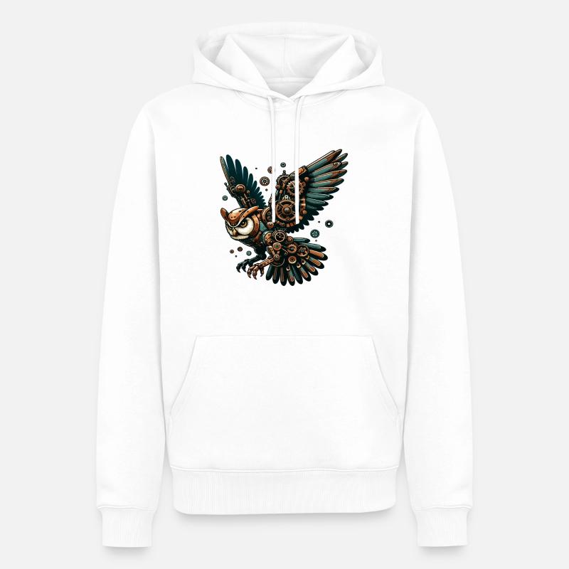 Steampunk Eule: Mechanischer Flug - Männer Premium Bio Hoodie - Weiß