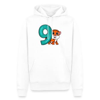 9e anniversaire Motif Tiger - Neuf ans - Sweat à capuche Premium bio Homme - blanc - Devant - Nico (187cm)
