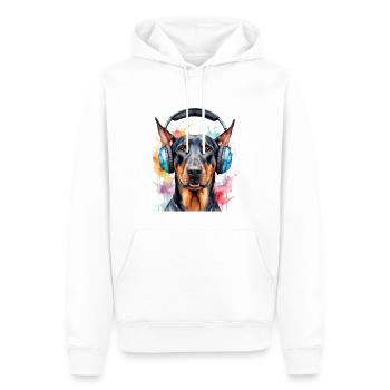 Dobermann Kopfhörer Hund Lustig Tier Design Print - Männer Premium Bio Hoodie - Weiß - Vorne - Nico (187cm)