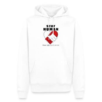 Wir bleiben Mensch - Frieden und Brüderlichkeit - Männer Premium Bio Hoodie - Weiß - Vorne - Nico (187cm)