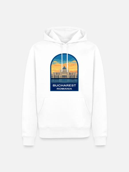 Bukarest Rumäniens Parlament Retro Sonnenuntergangsabzeichen - Männer Premium Bio Hoodie - Weiß