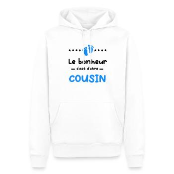 Annonce grossesse bonheur Cousin - Sweat à capuche Premium bio Homme - blanc - Devant - Nico (187cm)