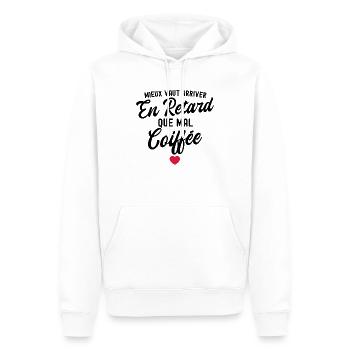 mieux vaut arriver en retard que mal coiffée - Sweat à capuche Premium bio Homme - blanc - Devant - Nico (187cm)