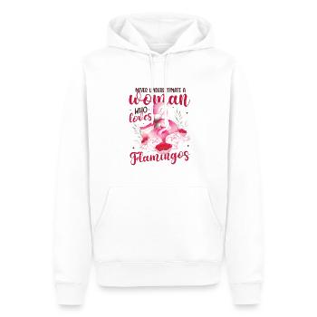 Ne sous-estimez jamais une femme qui aime les flamants roses - Sweat à capuche Premium bio Homme - blanc - Devant - Nico (187cm)