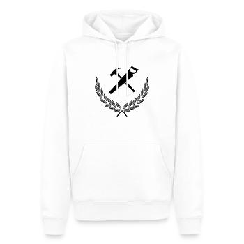Marteau et scie dans la couronne de laurier logo du charpentier - Sweat à capuche Premium bio Homme - blanc - Devant - Nico (187cm)