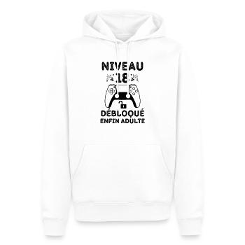 Niveau 18 débloqué enfin adulte 1 - Sweat à capuche Premium bio Homme - blanc - Devant - Nico (187cm)