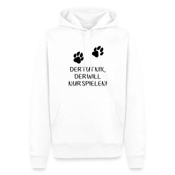 Zwei Pfoten: Der tut nix, der will nur spielen! - Männer Premium Bio Hoodie - Weiß - Vorne - Nico (187cm)