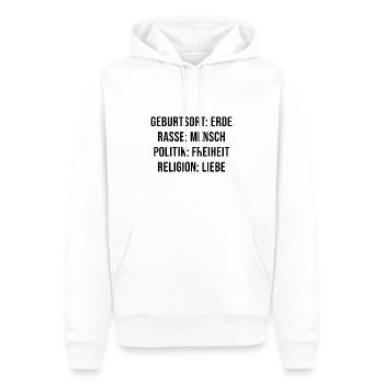 Geburtsort Erde. Rasse Mensch. Politik Freiheit. - Männer Premium Bio Hoodie - Weiß - Vorne - Nico (187cm)
