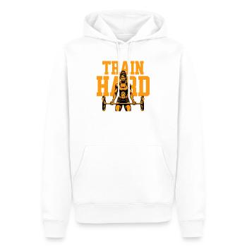 Train Hard – Fitness Motivation - Männer Premium Bio Hoodie - Weiß - Vorne - Nico (187cm)
