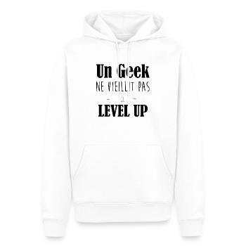 un geek ne vieillit pas il level up, humour - Sweat à capuche Premium bio Homme - blanc - Devant - Nico (187cm)