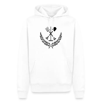 Garden tools in laurel wreath Gardener logo - Men’s Premium Organic Hoodie - white - Front - Nico (187cm)