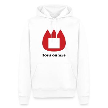 📛 tofu on fire - Men’s Premium Organic Hoodie - white - Front - Nico (187cm)