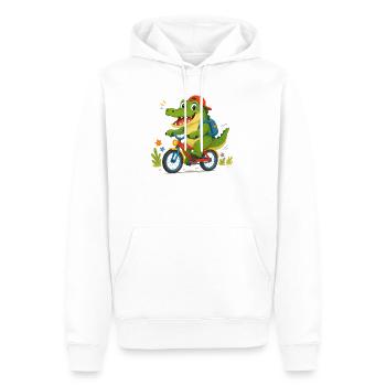 Fröhliches Krokodil fährt mit  Fahrrad zur Schule - Männer Premium Bio Hoodie - Weiß - Vorne - Nico (187cm)