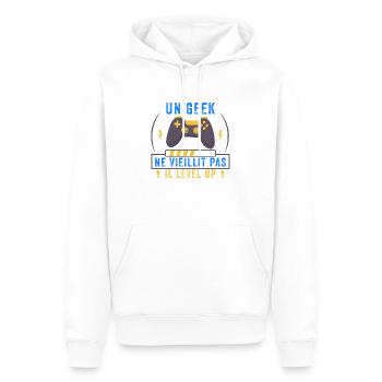 un geek ne vieillit pas il level up - Sweat à capuche Premium bio Homme - blanc - Devant - Nico (187cm)