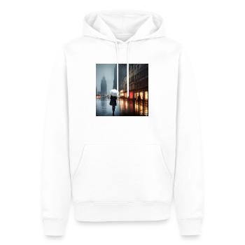 Frau in Innenstadt bei regnerischem Wetter - Männer Premium Bio Hoodie - Weiß - Vorne - Nico (187cm)