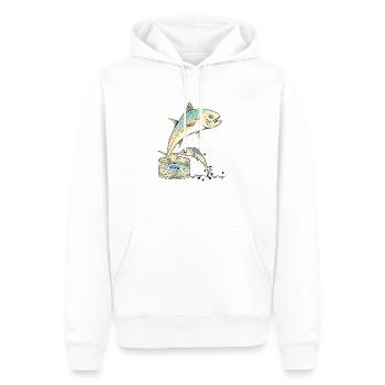 Thunfisch, der einer Blechdose entkommt - Männer Premium Bio Hoodie - Weiß - Vorne - Nico (187cm)