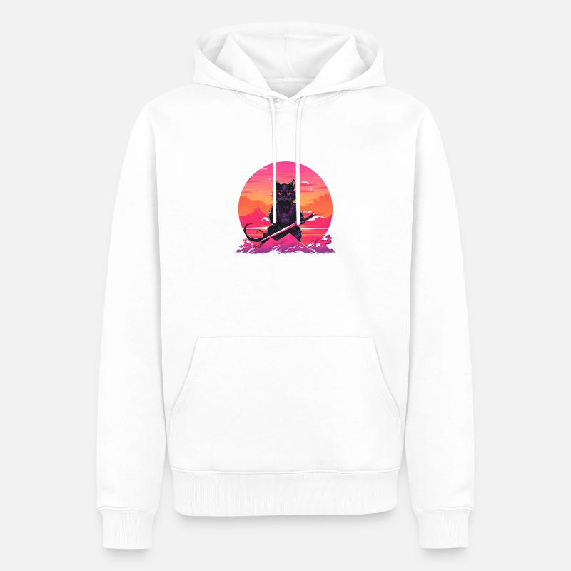 Synthwave samurai Cat with katana - Männer Premium Bio Hoodie - Weiß