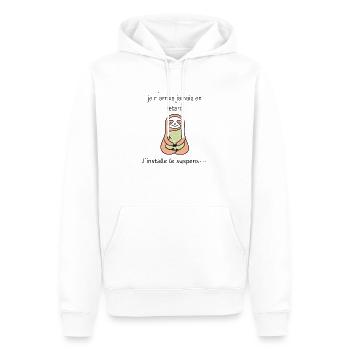 je n’arrive jamais en retard j’installe le suspens - Sweat à capuche Premium bio Homme - blanc - Devant - Nico (187cm)