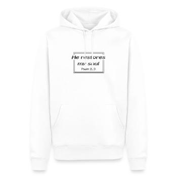 Christliches Design Er stellt meine Seele wieder her Psalm 23 - Männer Premium Bio Hoodie - Weiß - Vorne - Nico (187cm)