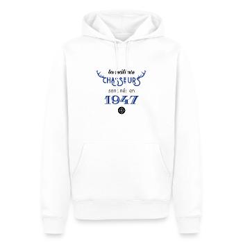Anniversaire chasseur 1947 - Sweat à capuche Premium bio Homme - blanc - Devant - Nico (187cm)
